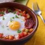 朝ごはん☆チョリソと豆、トマトの焼き卵