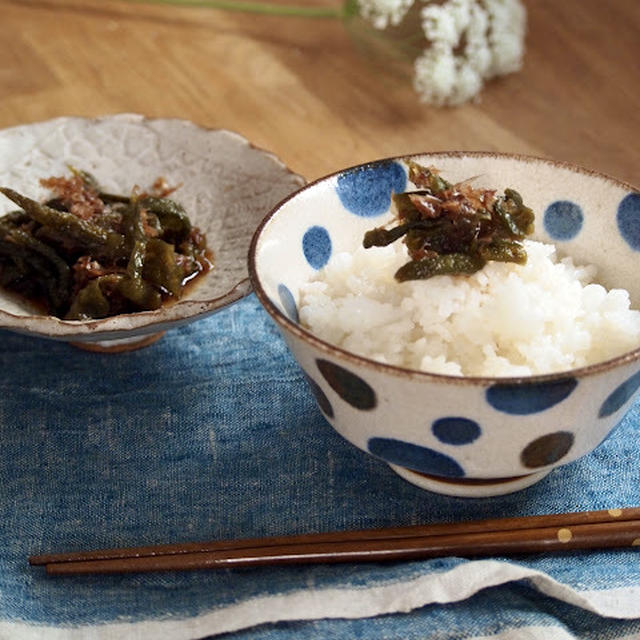 レンチンするだけ♪万願寺とうがらしの甘辛おかか醤油煮でご飯どろぼう