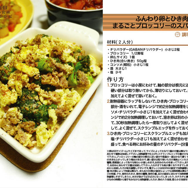 ふんわり卵とひき肉とまるごとブロッコリーのスパイシー和え　電子レンジ調理料理　-Recipe No.1261-