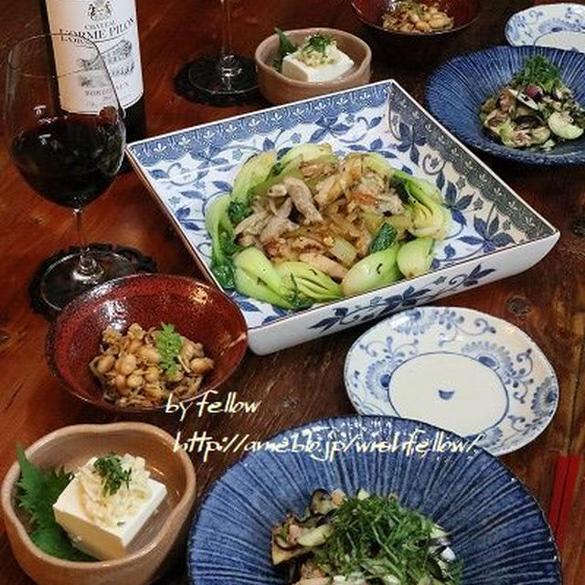 ◆なすと鯖缶の和えものにチキンと青梗菜のソテーのおうちごはん♪