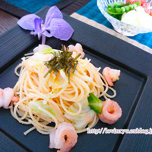 エビとキャベツの明太子パスタ