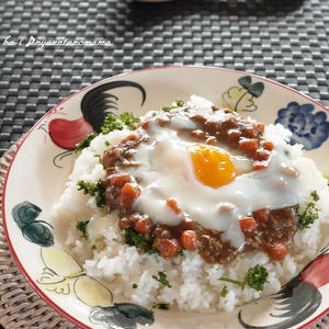 簡単・本格茄子とトマトのキーマカレー　温玉のせ