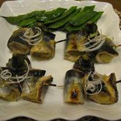 秋刀魚のねぎ巻き・からし酢味噌焼き、茶せん茄子とモロッコインゲン添え