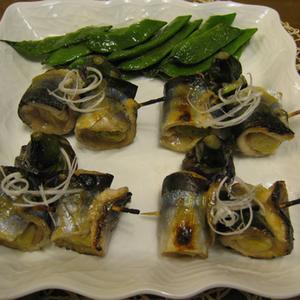 秋刀魚のねぎ巻き・からし酢味噌焼き、茶せん茄子とモロッコインゲン添え