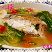 小鯛と水菜のピリ辛スープ