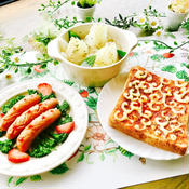 和柄風お絵かきトーストと葉玉ねぎのレンチンスープ煮の朝ごはん 