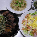 今日の晩御飯：貧乏メニュー（スペアリブ、ミモザサラダ、エノキとホタテのバター焼き、大根の葉炒め） by miltuchanさん