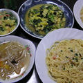 今日の晩御飯：貧乏メニュー（明太スパゲティ、葉玉ねぎのヌタ、ほうれん草の卵とじ） by miltuchanさん
