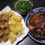 今日の晩御飯：貧乏メニュー（鶏から揚げ、コーンの落とし揚げ、するめイカ野菜詰め）