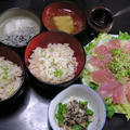 今日の晩御飯：貧乏メニュー（びんちょうマグロの和風カルパッチョ、新子おろし、鯛めし） by miltuchanさん