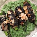 野菜ソースが新鮮〜鶏ささみのアスパラ黒胡麻巻き春菊ソース by まゆニャンさん