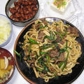 今日の晩御飯：貧乏メニュー（焼肉うどん、豆腐としいたけのおすまし、冷奴、煮豆） by miltuchanさん