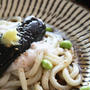 茄子の揚げ浸しと枝豆の冷やしとろろうどん